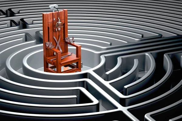 Electric chair inside dark labyrinth, 3D rendering
