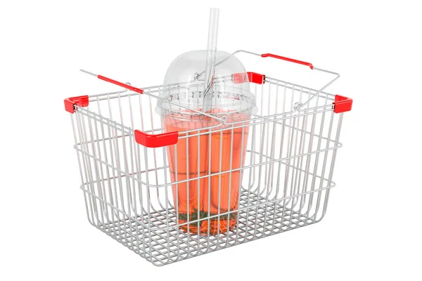 ショッピングバスケット内の飲料とプラスチック透明使い捨てカップ 白い背景に隔離された3Dレンダリング — ストック写真