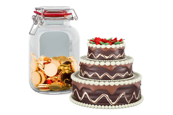 Chocolate Birthday Cake with glass jar full of golden coins, 3D rendering isolated on white background
