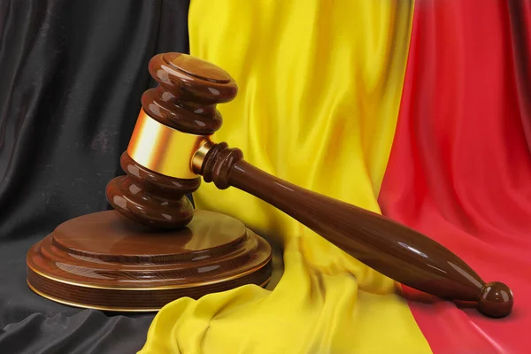 比利时法律和司法概念 Wooden Gavel Flag Belgium Rendering — 图库照片