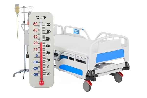 stock image Hospital bed with thermometer, 3D rendering isolated on white background