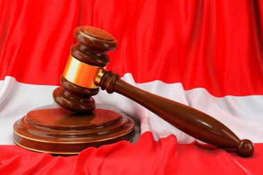 Avusturya hukuku ve adalet kavramı. Avusturya bayrağı üzerinde ahşap tokmak, 3D görüntüleme