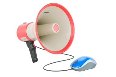 Bilgisayar faresiyle megafon. Beyaz arkaplanda 3B görüntüleme izole edildi