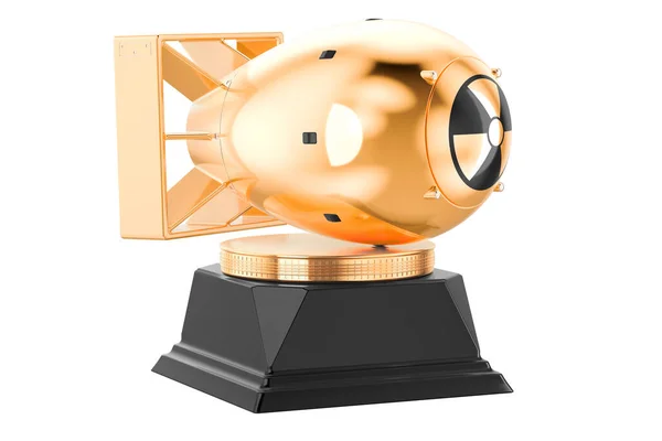 Atomic Bomb Gold Award Troféu Pedestal Renderização Isolado Fundo Branco — Fotografia de Stock