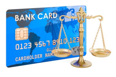 Kredi kartıyla adalet terazisi, beyaz arka planda 3 boyutlu görüntüleme