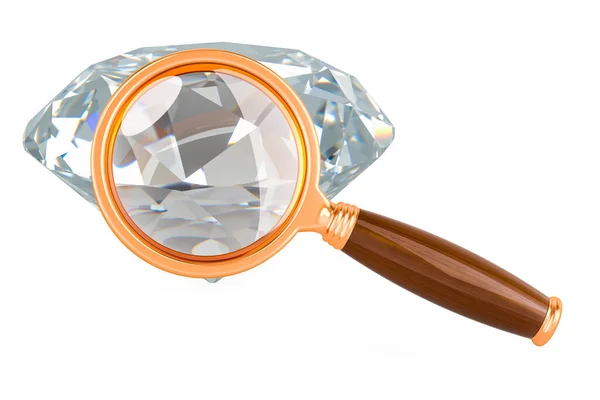 Diamante Con Lente Ingrandimento Rendering Isolato Sfondo Bianco — Foto Stock