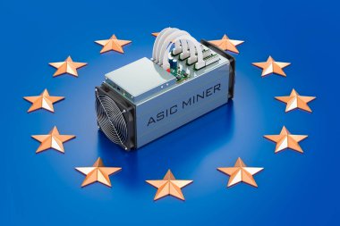Avrupa Birliği bayrağında ASIC madencisi. AB 'de madencilik, kavram. 3B görüntüleme