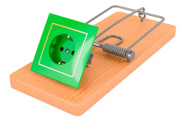 Fare kapanının içinde elektrik prizi var. Beyaz arkaplanda 3B görüntüleme izole edildi