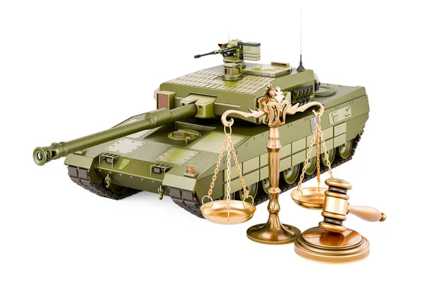 Tanque Batalha Com Martelo Madeira Escalas Justiça Renderização Isolada Fundo — Fotografia de Stock