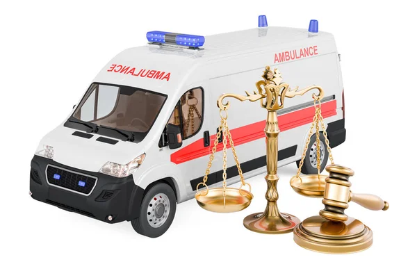 Camion Ambulanza Con Martelletto Legno Bilance Giustizia Rendering Isolato Sfondo — Foto Stock