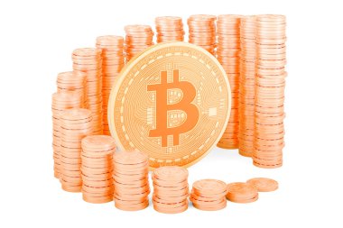 Çevresindeki altın paralardan büyüyen grafiği olan bitcoin, beyaz arkaplanda 3 boyutlu görüntüleme