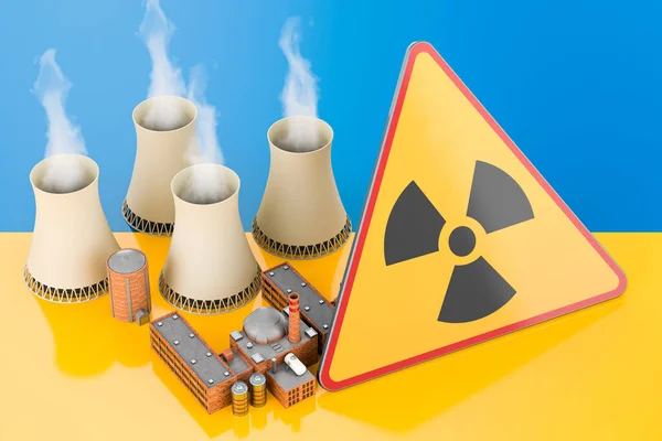 Centrales Nucléaires Avec Drapeau Ukrainien Avec Signe Rayonnement Rendu — Photo