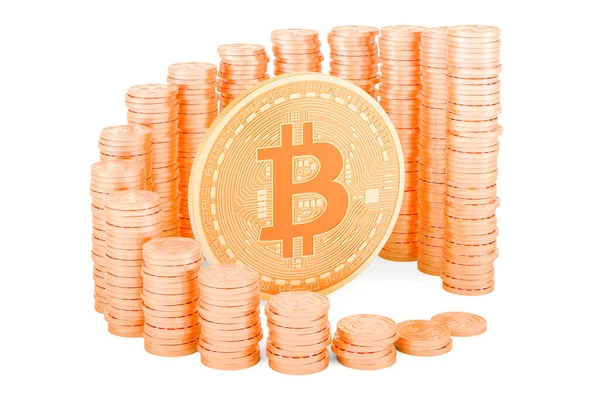 Bitcoin Growing Chart Gold Coins Rendering Isolated White Background — Stock Photo, Image