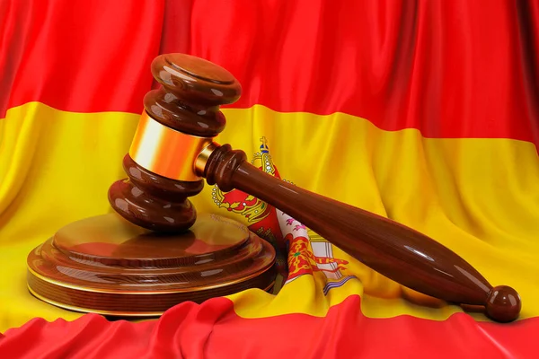 Spaans Recht Justitie Concept Houten Hamer Vlag Van Spanje Weergave — Stockfoto