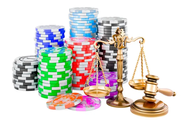 Casino Tokens Wooden Gavel Scales Justice Rendering Isolated White Background — Stock Photo, Image