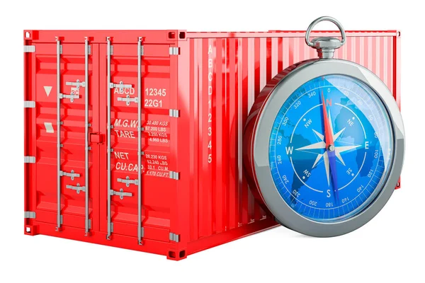 Vrachtcontainer Met Kompas Rendering Geïsoleerd Witte Achtergrond — Stockfoto