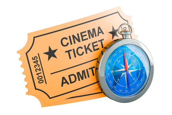 Biglietti Cinema Con Bussola Rendering Isolato Sfondo Bianco — Foto Stock