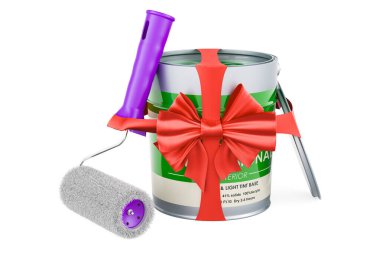 Boya kutusu ve kırmızı kurdeleli paten fırçası, şimdiki konsept. Beyaz arkaplanda 3B görüntüleme izole edildi