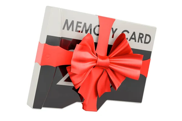 赤いリボンと弓 現在の概念を持つメモリカード 白い背景に隔離された3Dレンダリング — ストック写真