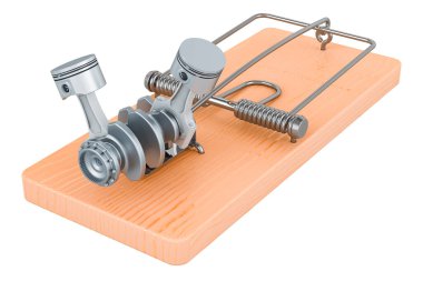 Fare kapanının içinde motor pistonları var. Beyaz arkaplanda 3B görüntüleme izole edildi