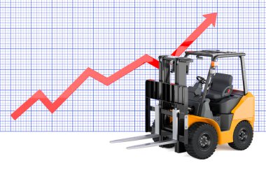 Büyüyen grafiğe sahip forklift kamyonu, beyaz arkaplanda 3 boyutlu görüntüleme