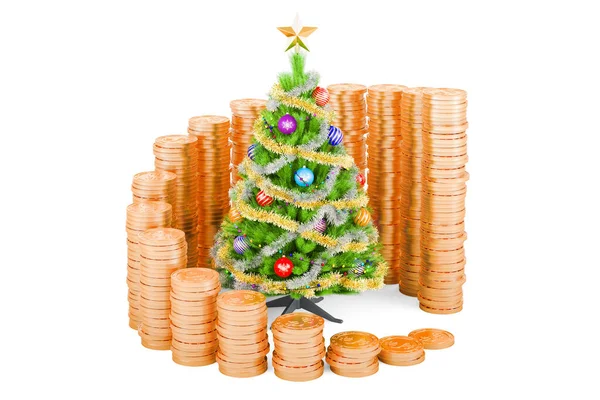 Albero Natale Con Crescente Grafico Monete Oro Intorno Rendering Isolato — Foto Stock
