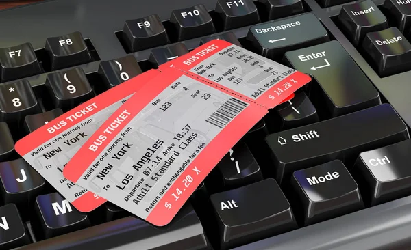Bus tickets on computer keyboard concept, 3D rendering