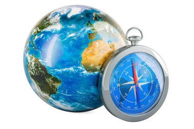 Pusula ile Dünya Küresi, beyaz arkaplanda 3 boyutlu görüntüleme