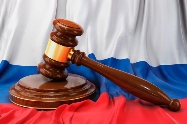 Russian law and justice concept. Wooden gavel on flag of Russia, 3D rendering