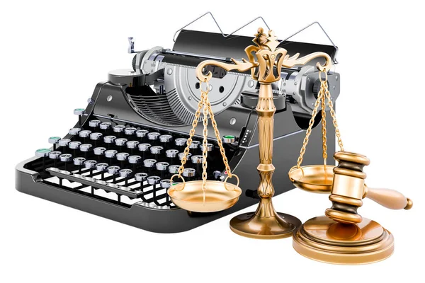 Schreibmaschine Mit Holzgabel Und Gerechtigkeitswaage Rendering Isoliert Auf Weißem Hintergrund — Stockfoto