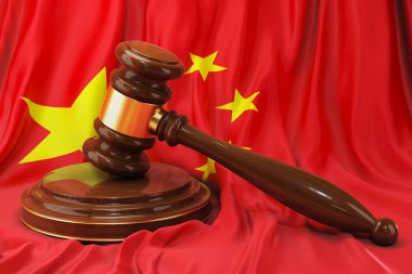 Çin hukuku ve adalet kavramı. Çin bayrağı üzerinde tahta tokmak, 3 boyutlu görüntüleme