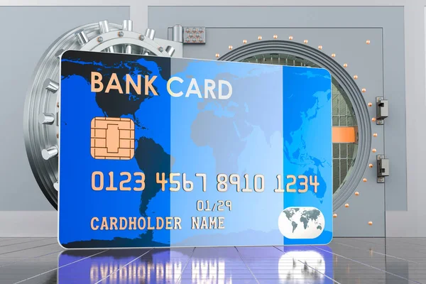 Cartão Crédito Com Cofre Banco Aberto Renderização — Fotografia de Stock