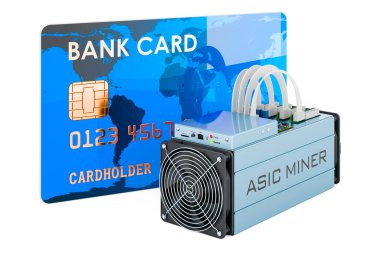Kredi kartı ile ASIC madencisi, 3D görüntüleme beyaz arka planda izole