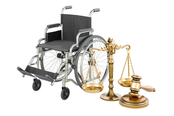 Αναπηρική Καρέκλα Ξύλινο Σφυρί Και Ζυγαριά Δικαιοσύνης Απόδοση Απομονωμένη Λευκό — Φωτογραφία Αρχείου