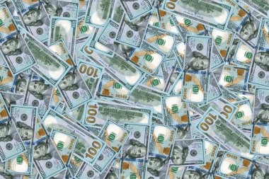 Dolar banknotlarının arka planı, üst görünüm. 3B görüntüleme