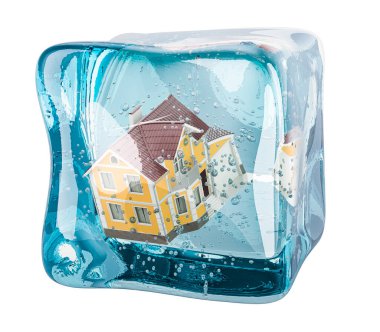 Buzun içinde donmuş bir ev, beyaz arka planda 3 boyutlu görüntüleme.