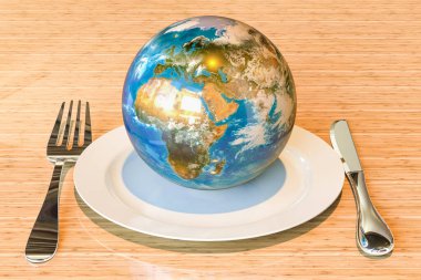 Dünya Küresi 'yle yemek tabağı. Uluslararası mutfak konsepti, 3D görüntüleme