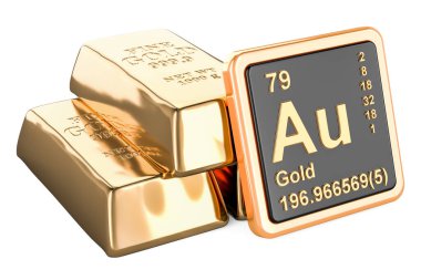 Kimyasal element simgesi Aurum Au ile altın külçeler, beyaz arkaplanda izole edilmiş 3D görüntüleme