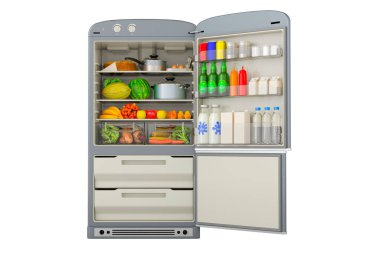 Opened refrigerator with fresh fruits and vegetables and healthy food, 3D rendering isolated on white background clipart