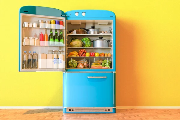 stock image Open fridge with fresh fruits and vegetables and healthy food near wall in the room, 3D rendering 