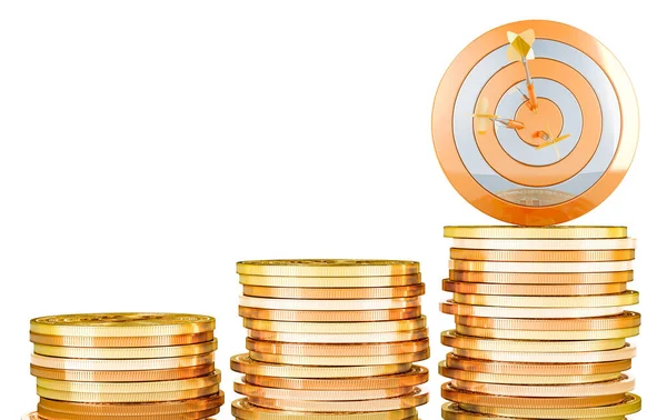 Target Stacks Growing Gold Coins Successful Business Concept Rendering Isolated — Stock Photo, Image
