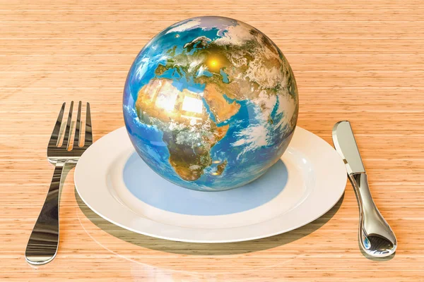 Speiseteller Mit Erdkugel Vorhanden Internationales Küchenkonzept Rendering Stockbild
