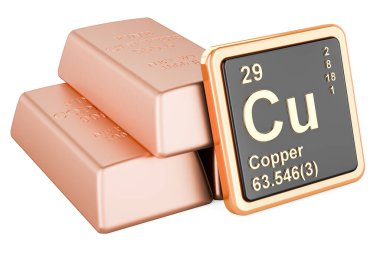 Copper ingots background with chemical element icon Copper Cu, 3D rendering isolated on white background clipart