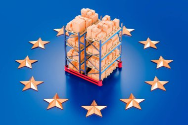 Avrupa Birliği bayrağında paketler olan palet rafı. Avrupa Birliği konseptinden nakliye ve teslimat, 3D yorumlama