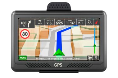 GPS navigasyon cihazı, ön görüş. Beyaz arkaplanda 3B görüntüleme izole edildi