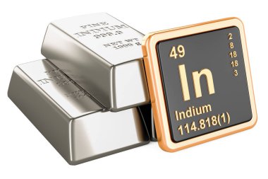 Kimyasal element simgesi Indium In ile İndium külçeleri, beyaz arkaplanda 3 boyutlu görüntüleme