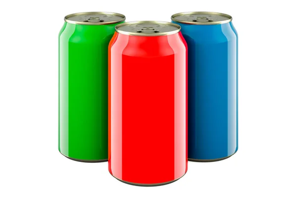 Bebida Coloreada Latas Metálicas Representación Aislada Sobre Fondo Blanco —  Fotos de Stock