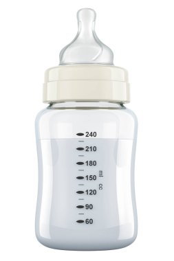 Bebek mamasıyla birlikte bebek şişesi, beyaz arka planda 3 boyutlu görüntüleme.