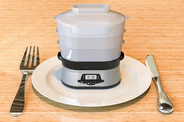 食品スチーマー付きディナープレート 3Dレンダリング — ストック写真