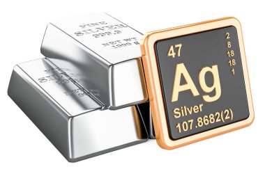 Kimyasal element simgesi olan gümüş çubuklar Argentum Ag, beyaz arkaplanda 3 boyutlu görüntüleme